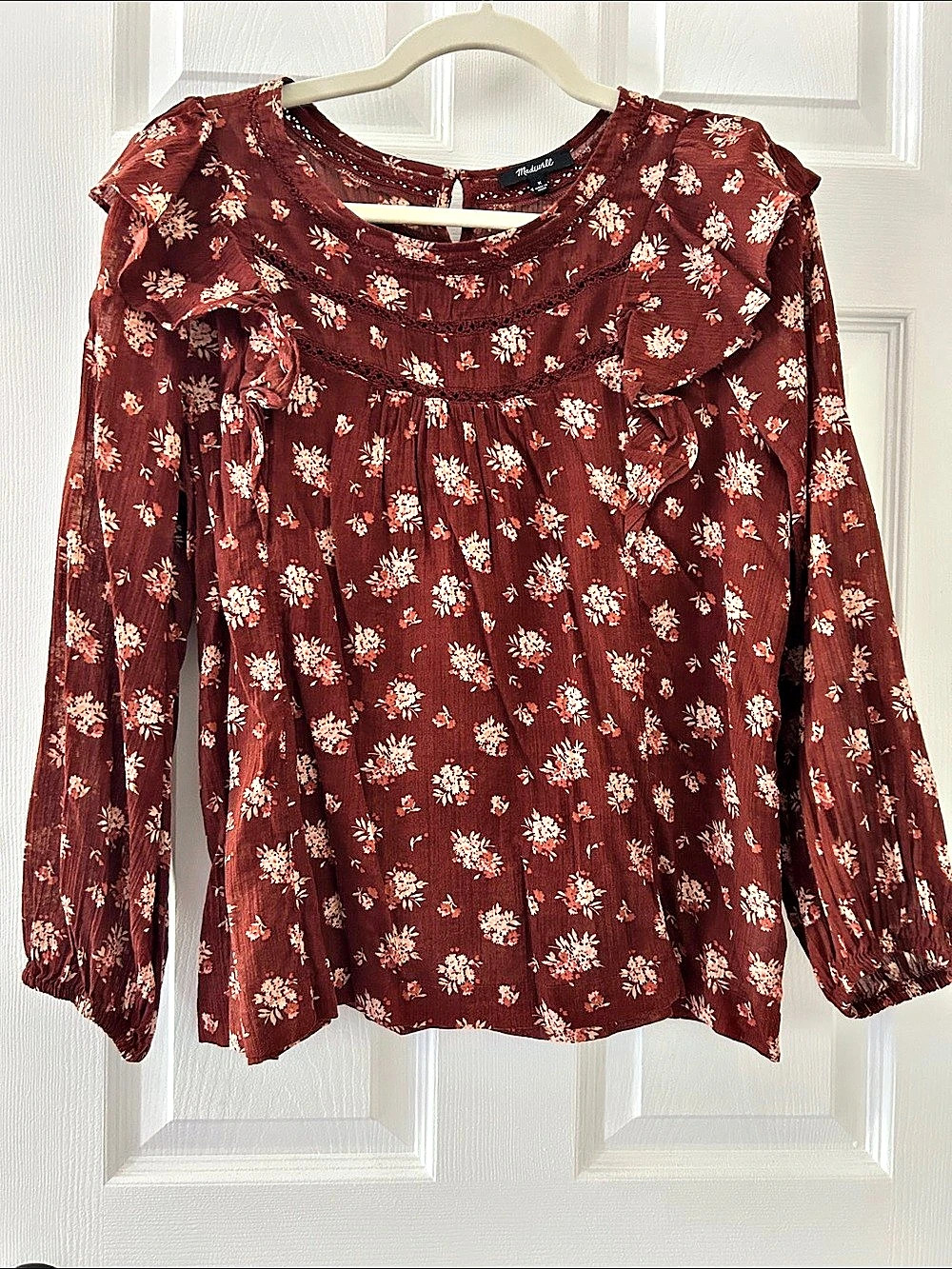 Madewell Floral Ruffle Blouse Brown & Pink Medium
